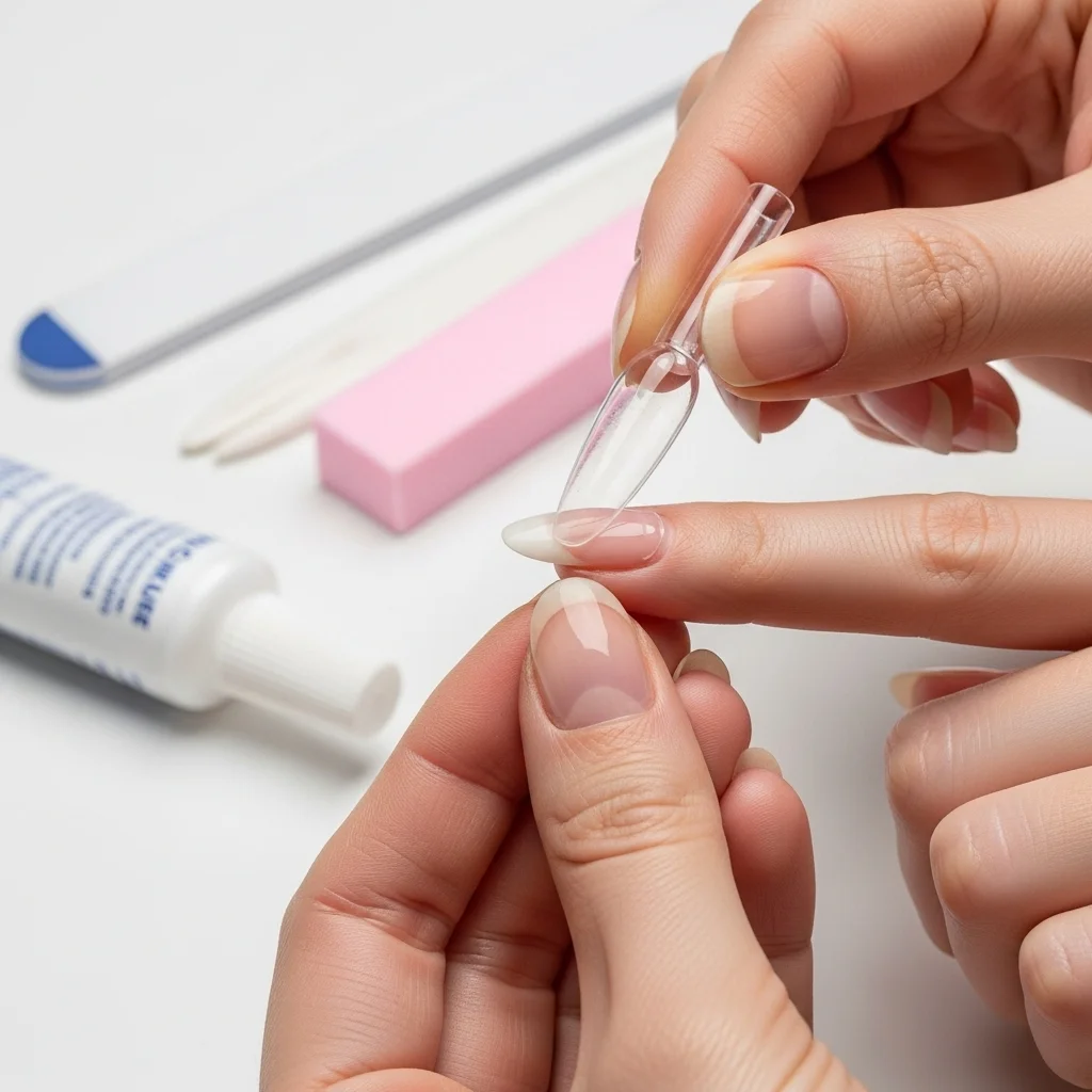 Step showing how to apply a nail tip at home with glue and gentle pressure for a salon-fresh look.