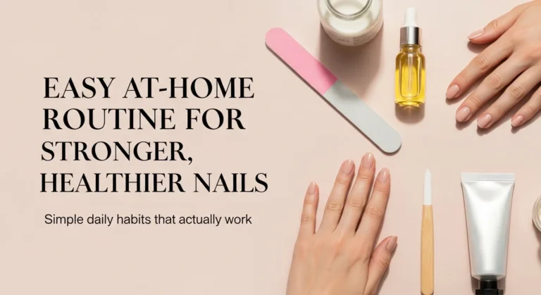 Thumbnail showing clean, natural nails with nail care tools on a soft pastel background and bold text reading ‘Easy At-Home Routine for Stronger, Healthier Nails.