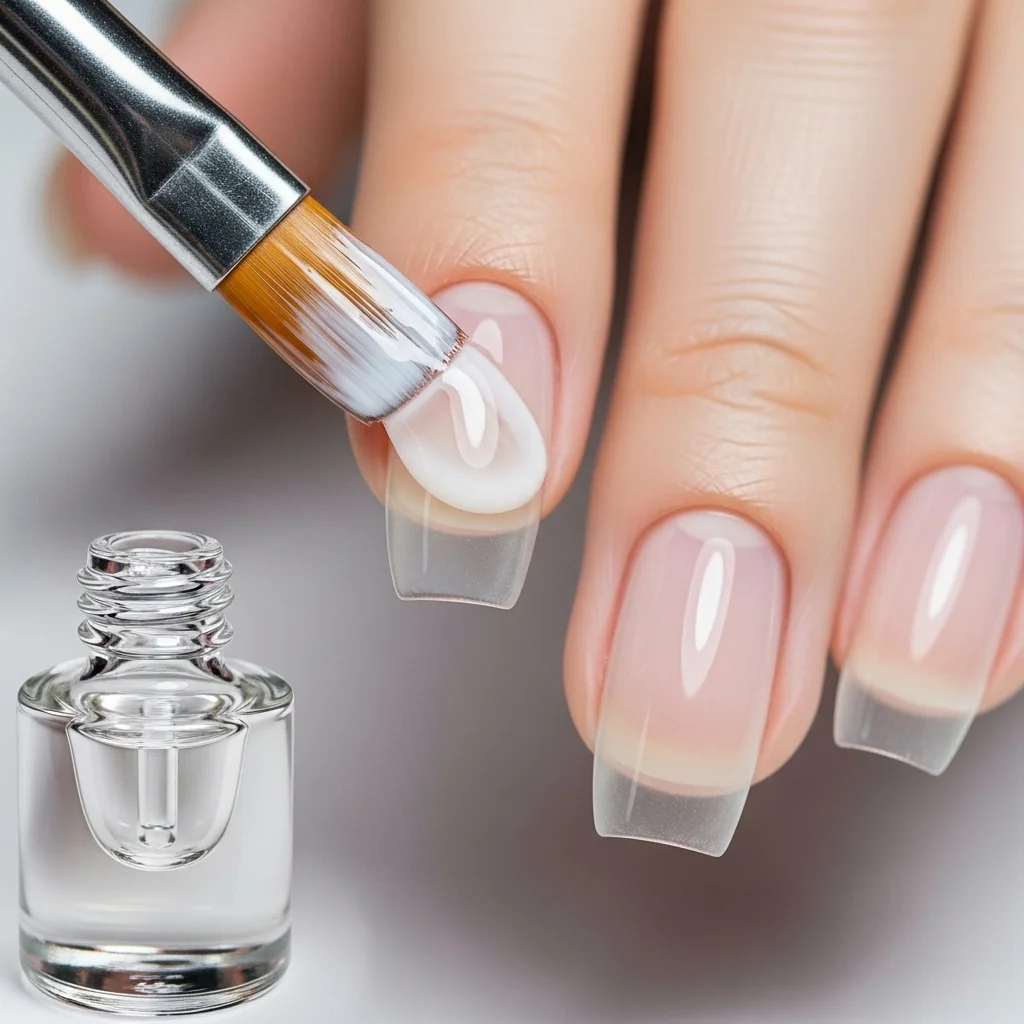 Finishing applied nail tips with a clear polish or overlay for durability.