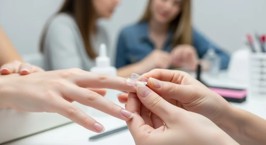A close-up of hands applying artificial nail tips. One hand holds a clear plastic nail tip at a 45-degree angle to the natural nail, while the other hand applies gentle pressure.
