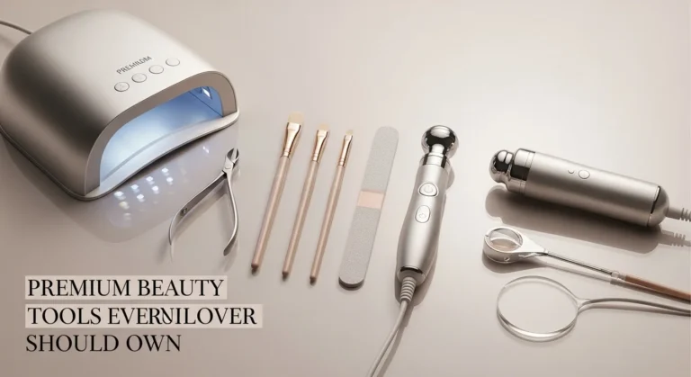 Flat lay of premium nail and beauty tools including LED lamp, stainless nippers, and glass nail file with title text “Premium Beauty Tools Every Nail Lover Should Own.”