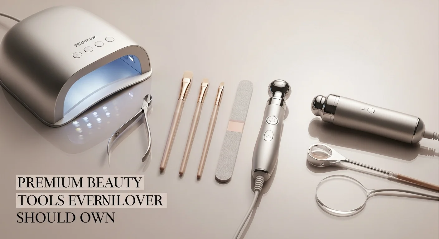 Flat lay of premium nail and beauty tools including LED lamp, stainless nippers, and glass nail file with title text “Premium Beauty Tools Every Nail Lover Should Own.”