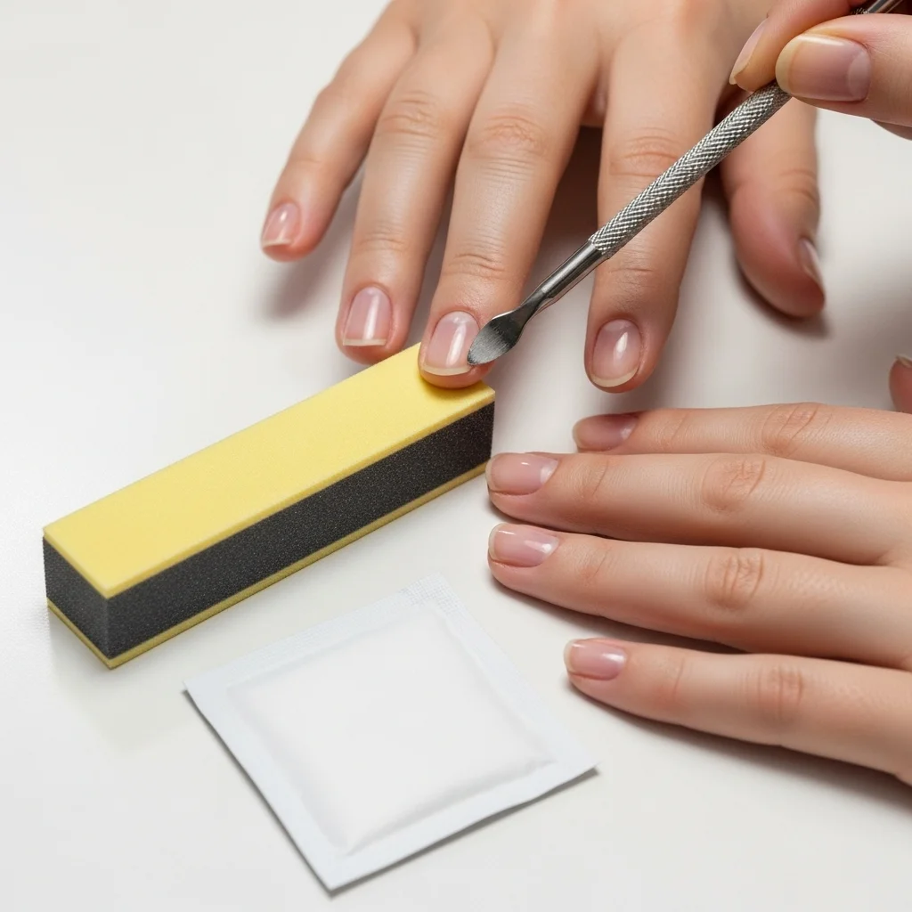 Preparing natural nails by pushing back cuticles, buffing, and cleaning before applying nail tips.