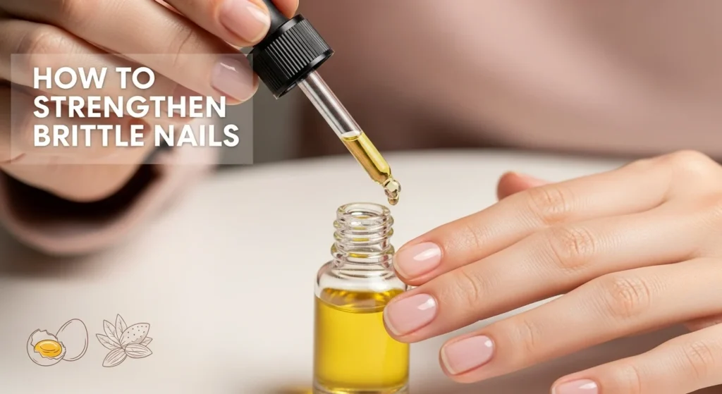 Applying cuticle oil to brittle nails to strengthen and restore natural shine at home.