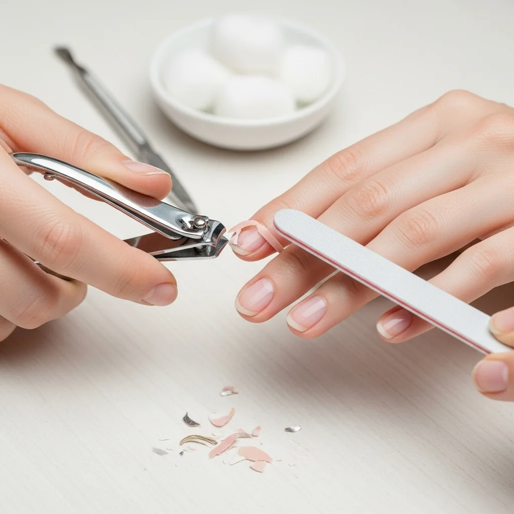 Trimming nail tips to length and shaping edges with a file.
