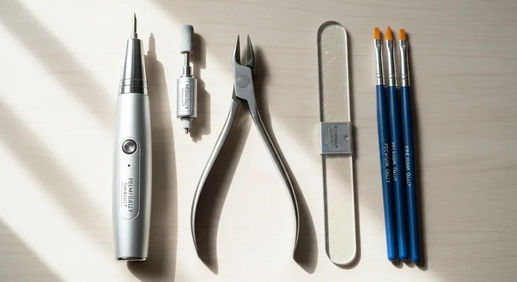 remium nail tools: e-file, stainless cuticle nipper, glass nail file, and precision brushes.