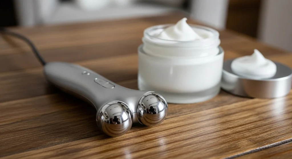 Handheld microcurrent facial device on wooden table next to moisturizer.