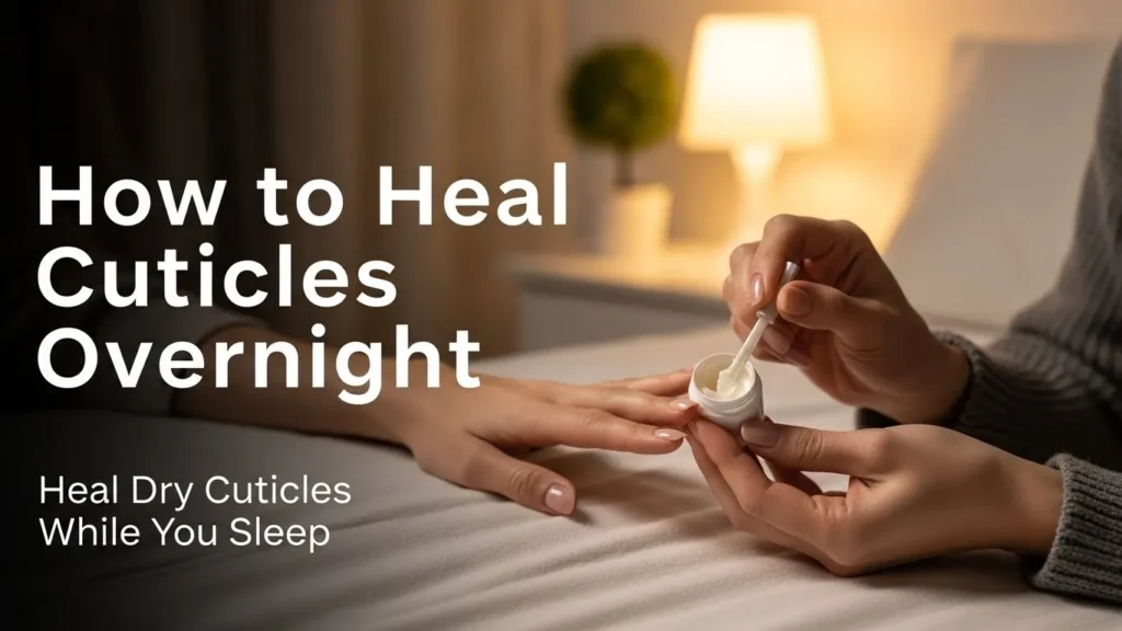 Applying cuticle balm to dry, cracked cuticles at night as part of an overnight healing routine.
