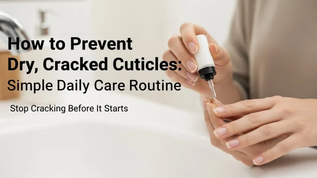 Woman applying cuticle oil during a daily nail care routine with visible title “How to Prevent Dry, Cracked Cuticles: Simple Daily Care Routine” and a prevention-focused subtitle.