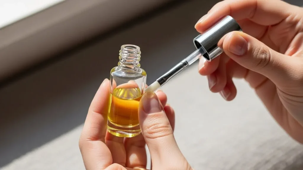 Applying cuticle oil to dry, cracked cuticles as part of a daily healing routine