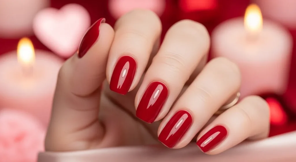 Glossy cherry red almond-shaped nails in a romantic Valentine setting with soft candlelight.