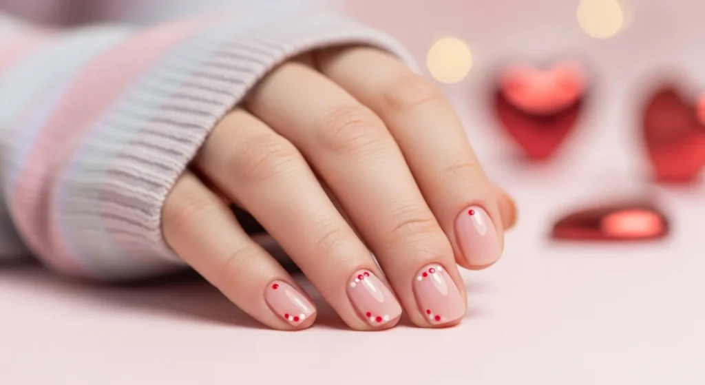 Short nude pink nails with small red and white dots near the cuticle line, minimalist Valentine design.