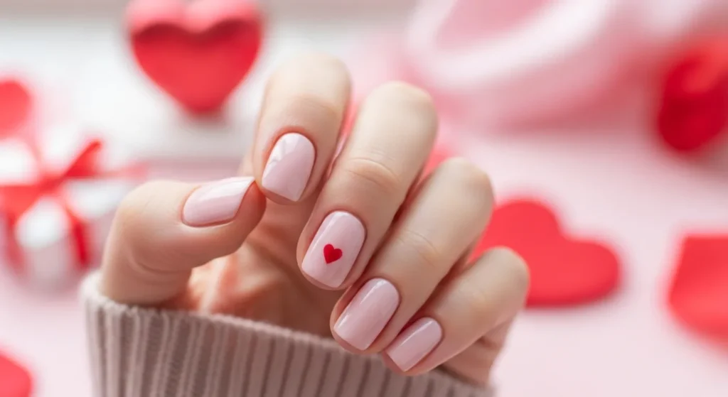 Short soft pink Valentine nails with one tiny red heart accent on the ring finger, glossy finish, close-up view.