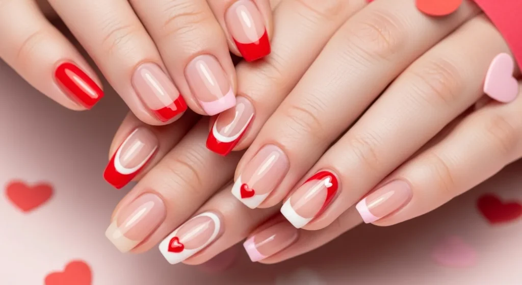 Two hands showing five Valentine’s Day French tip nail designs including red tips, pink micro tips, double lines, heart detail, and reverse French style.